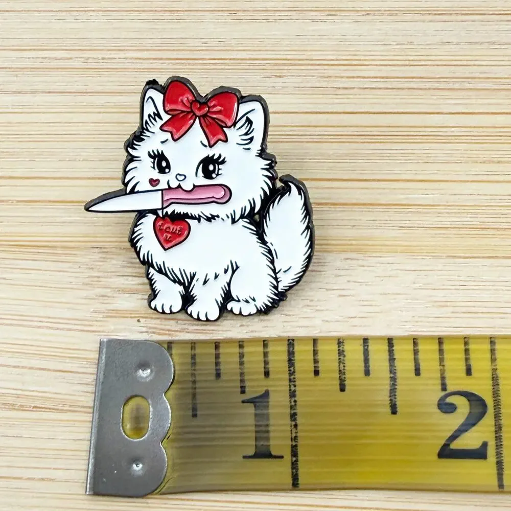 Cute White Cat Holding Knife Funny Enamel Pin